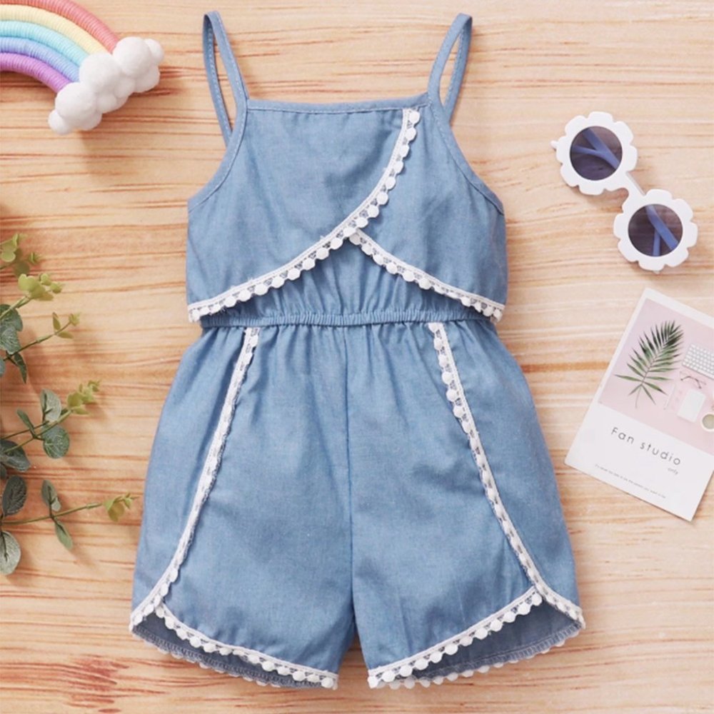 Little Girl Blue Demin Lace Cotton Romper